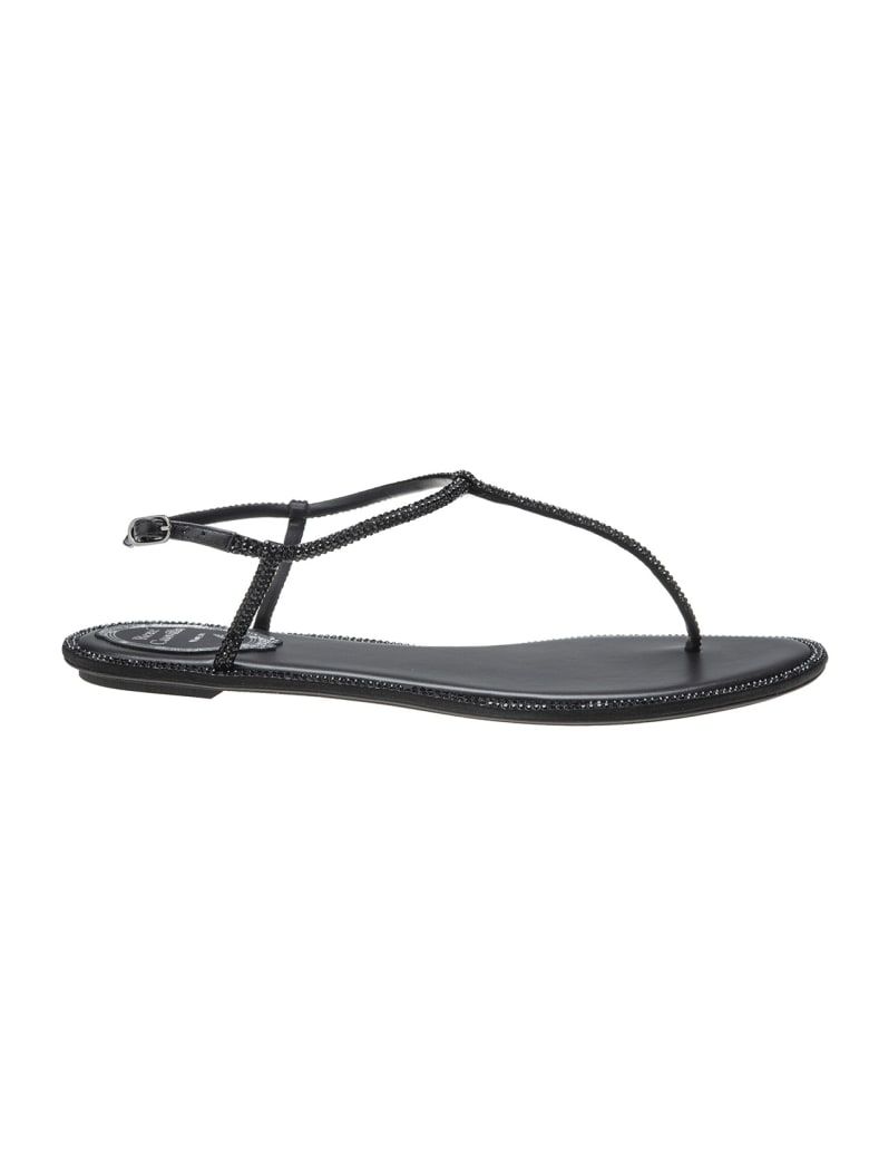 René Caovilla Balck Leather Diana Strass Flip Sandals - Black