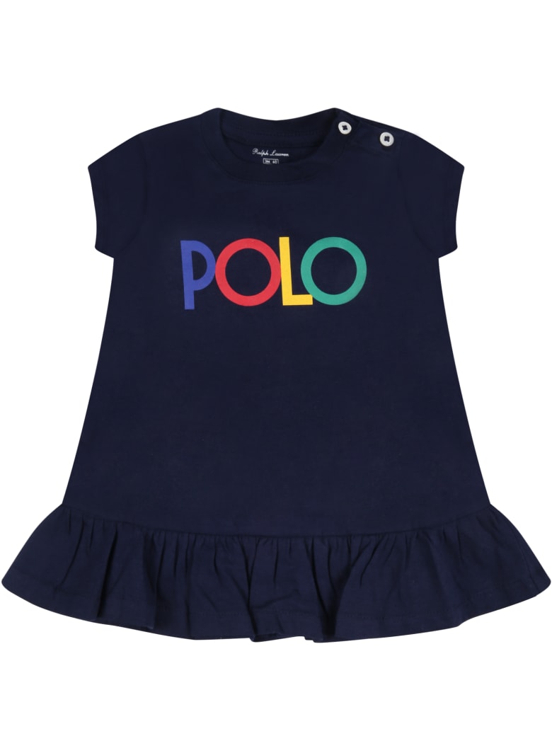 Ralph Lauren Blue Dress For Baby Girl With Logo - Blue