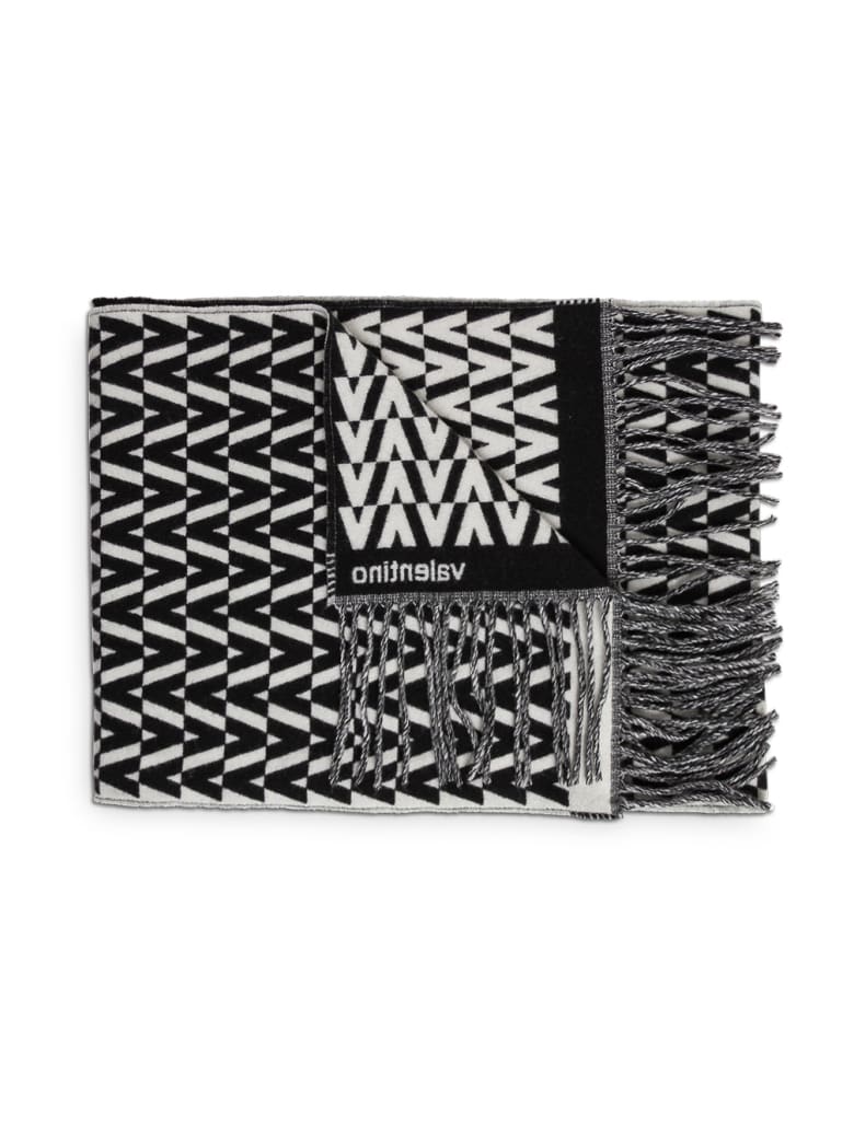 Valentino Garavani Wool And Cashmere Blend Scarf With Optical Print - White/black