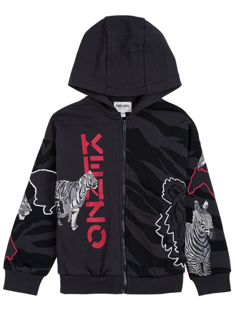 Kenzo Kids Grey Cotton Printed Hoodie With Logo - Grey