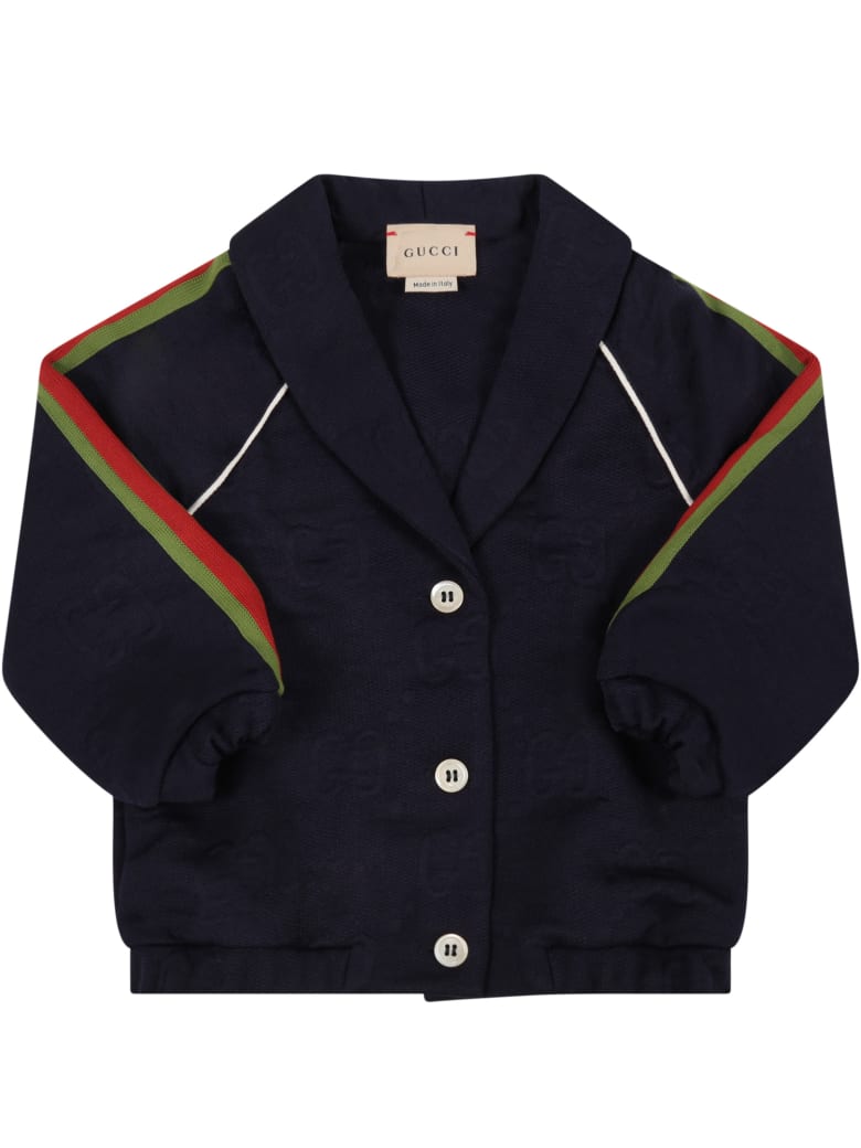 Gucci Blue Cardigan For Baby Boy With Double Gg - Multicolor
