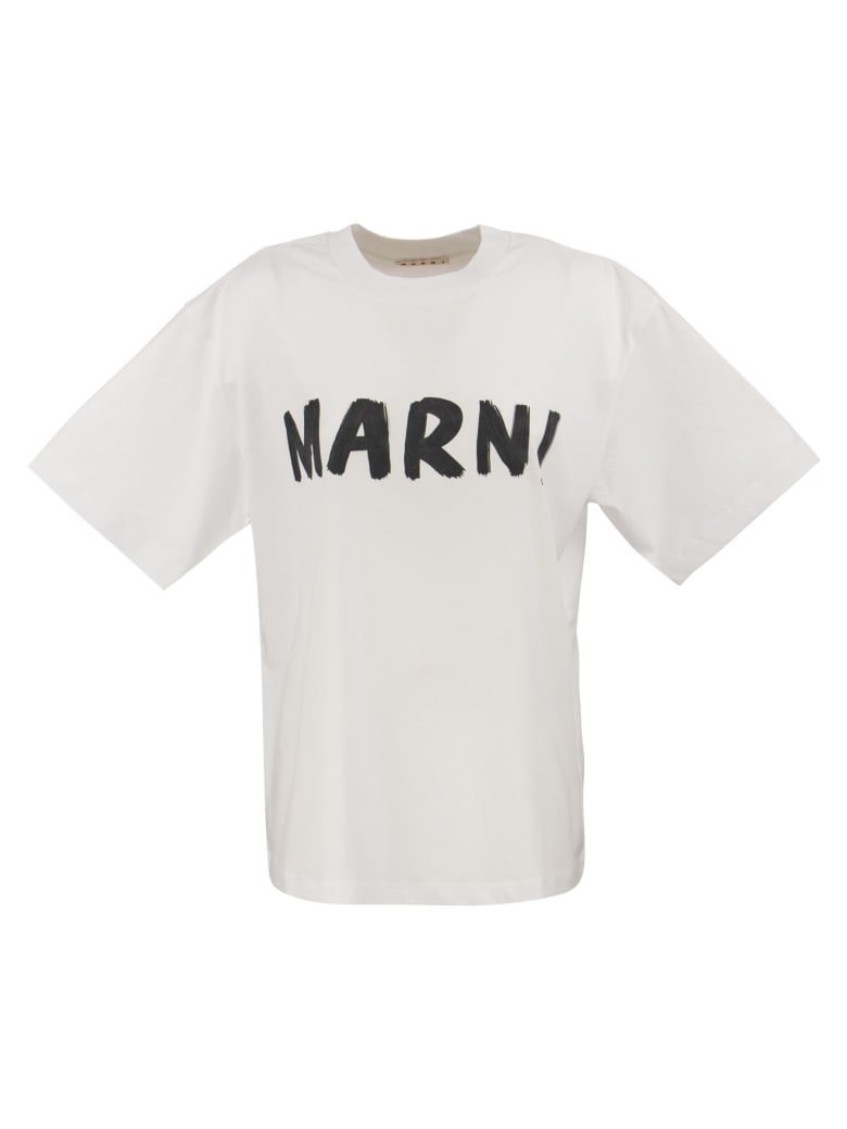 Marni Cotton Jersey T-shirt With Marni Print - Lily White