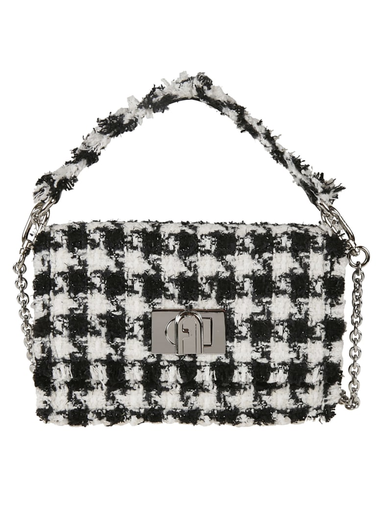 Furla Tartan Check Frayed Shoulder Bag - Black