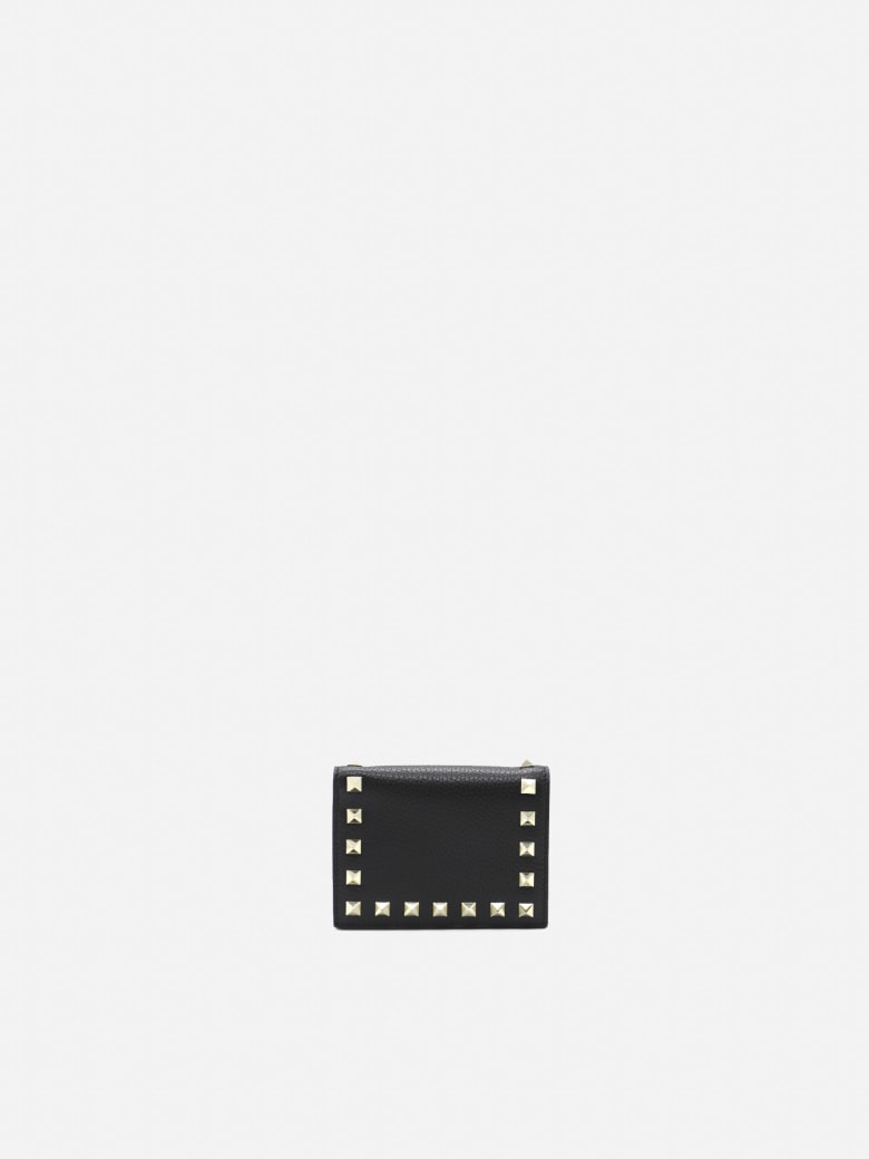 Valentino Garavani Small Rockstud Wallet In Grained Leather - Black