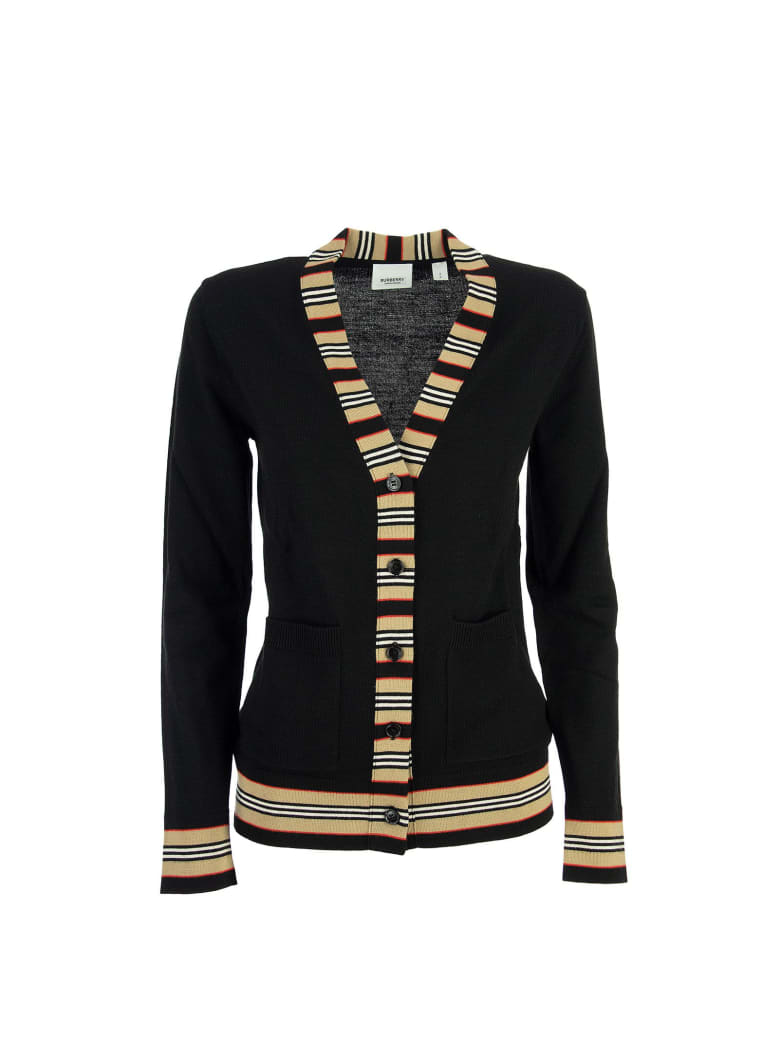 Burberry Cauca - Icon Stripe Detail Merino Wool Cardigan - Black