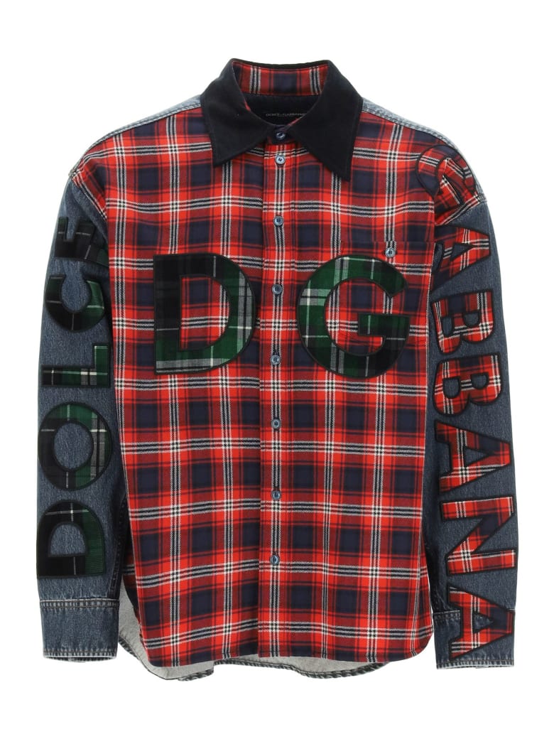 Dolce & Gabbana Oversized Denim And Flannel Shirt With Logo - Rosso