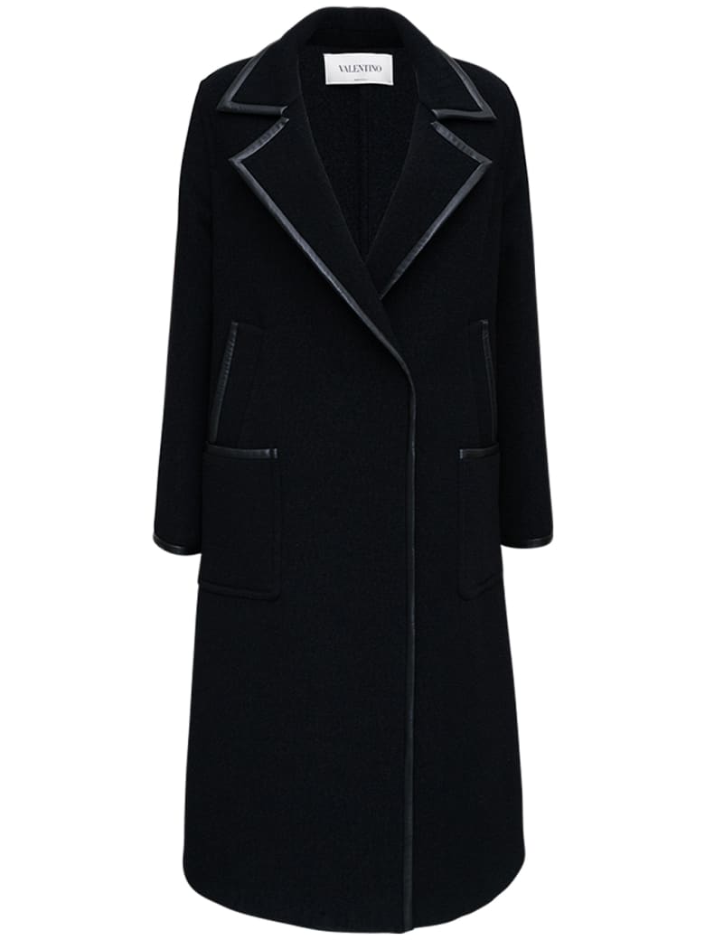 Valentino Black Wool Coat With Leather Details - Black