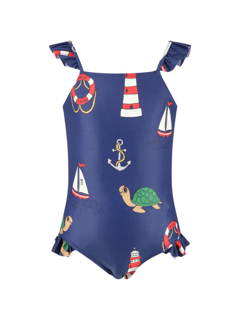 Mini Rodini Blue Swimsuit Foor Girl With Turtles - Blue