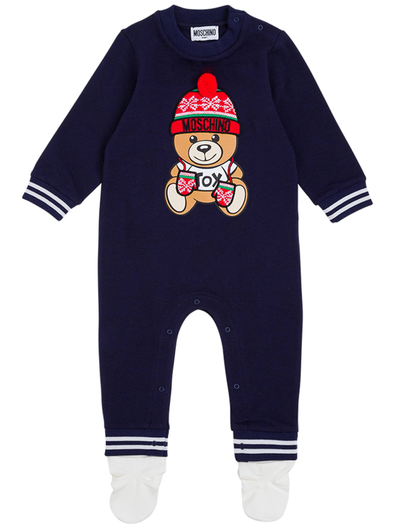 Moschino Blue Cotton Onesie With Teddy Bear Print - Blu
