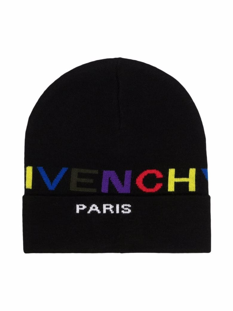 Givenchy Kids Black Beanie With Multicolored Inlaid Logo