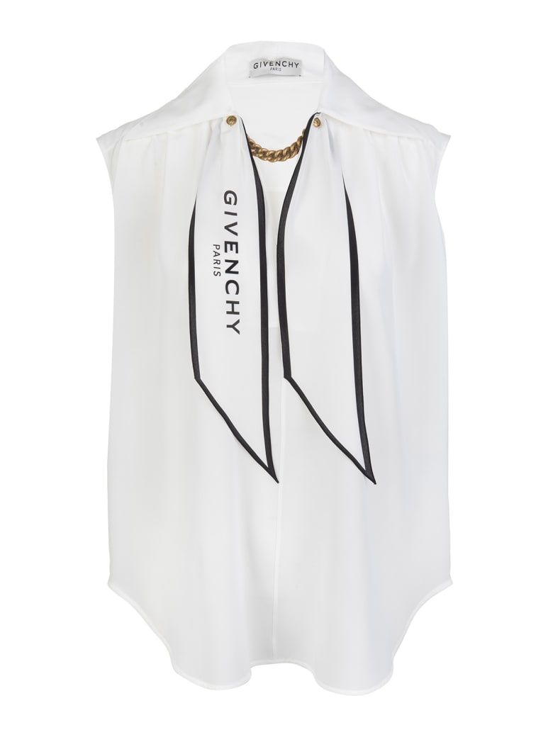 Givenchy White Silk Top With Chain And Logo Scarf - Bianco