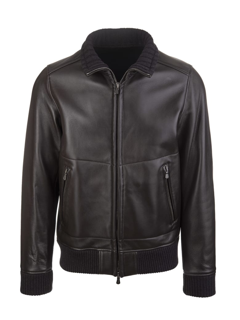 Fedeli Dark Brown Leather Man Bomber Jacket | Italist