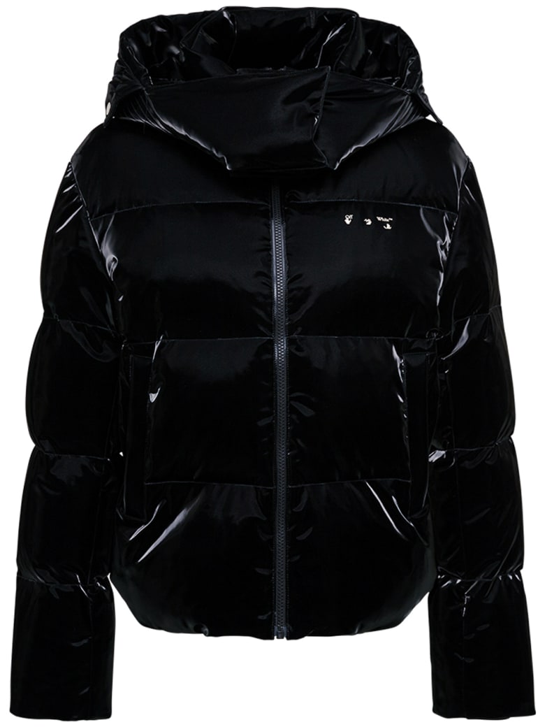 Off-White Black Velvety Fabric Down Jacket With Logo - Black