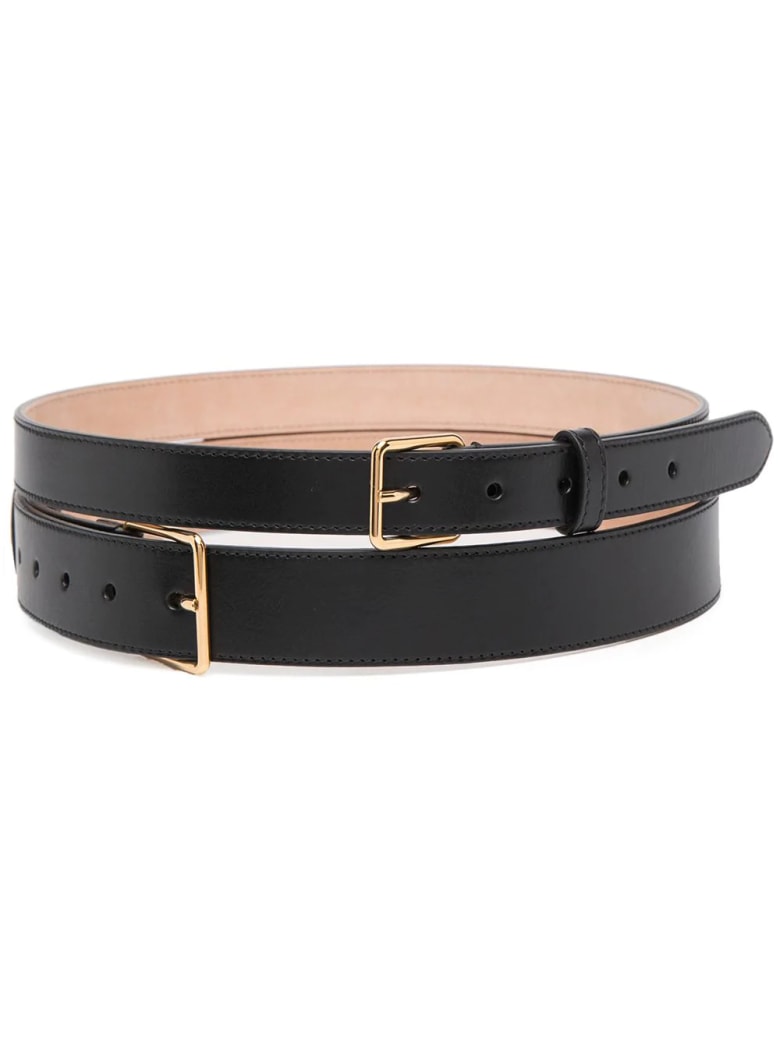 Alexander McQueen Double Belt In Smooth Black Leather With Golden ...