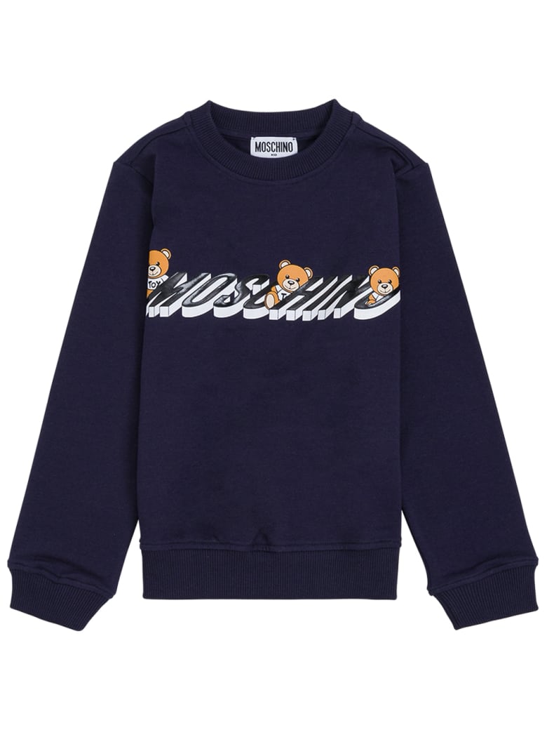 Moschino Blue Cotton Hoodie With Logo Print - Blu