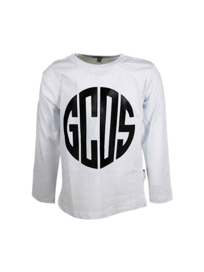 GCDS Long-sleeved Round-neck Cotton T-shirt With Logo Print - White
