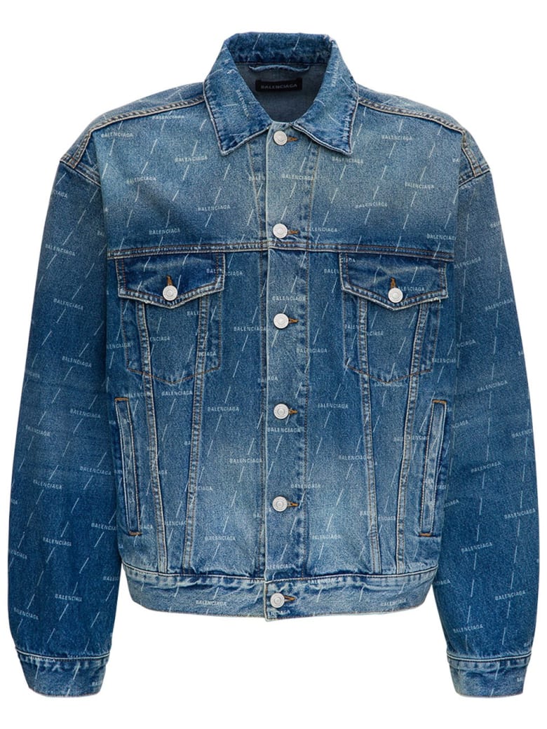 Balenciaga Denim Jacket With Allover Logo - Blu