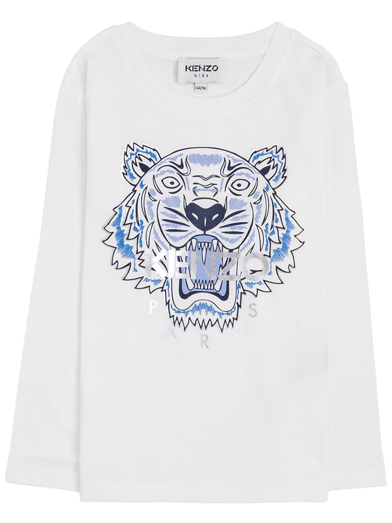 Kenzo Kids Long Sleeved T-shirt With Tiger Print - White