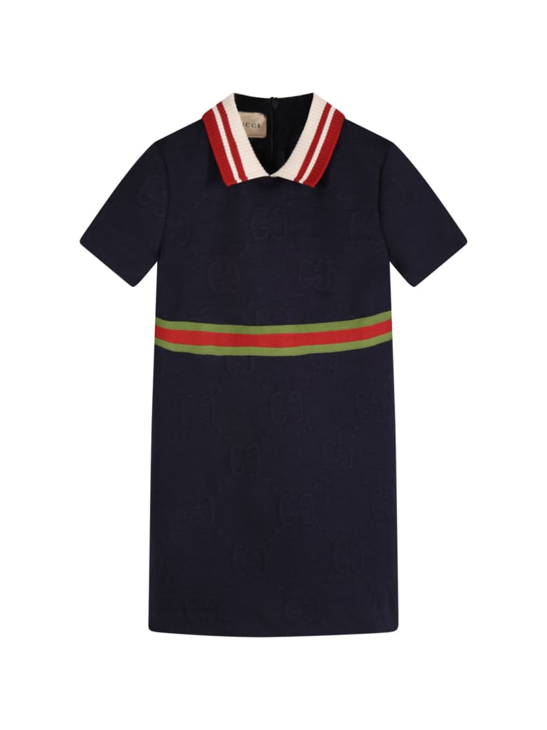 Gucci Blue Dress For Baby Girl With Double Gg - Blue