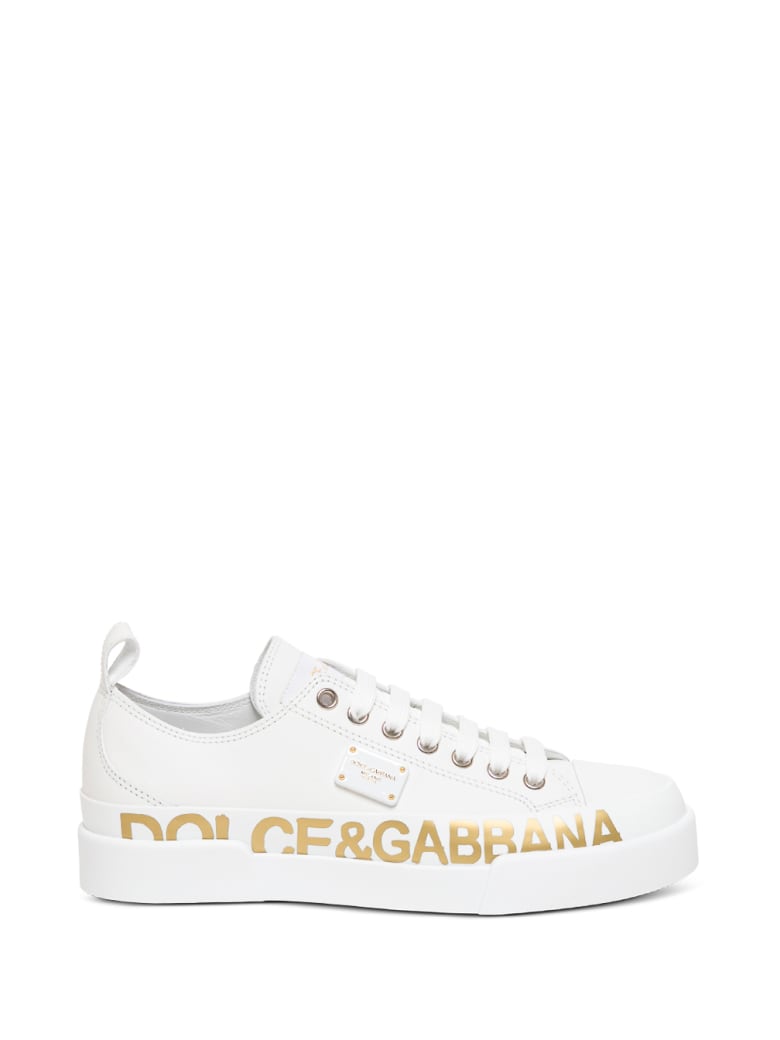 Dolce & Gabbana Portofino White Leather Sneakers With Golden Logo Print - White