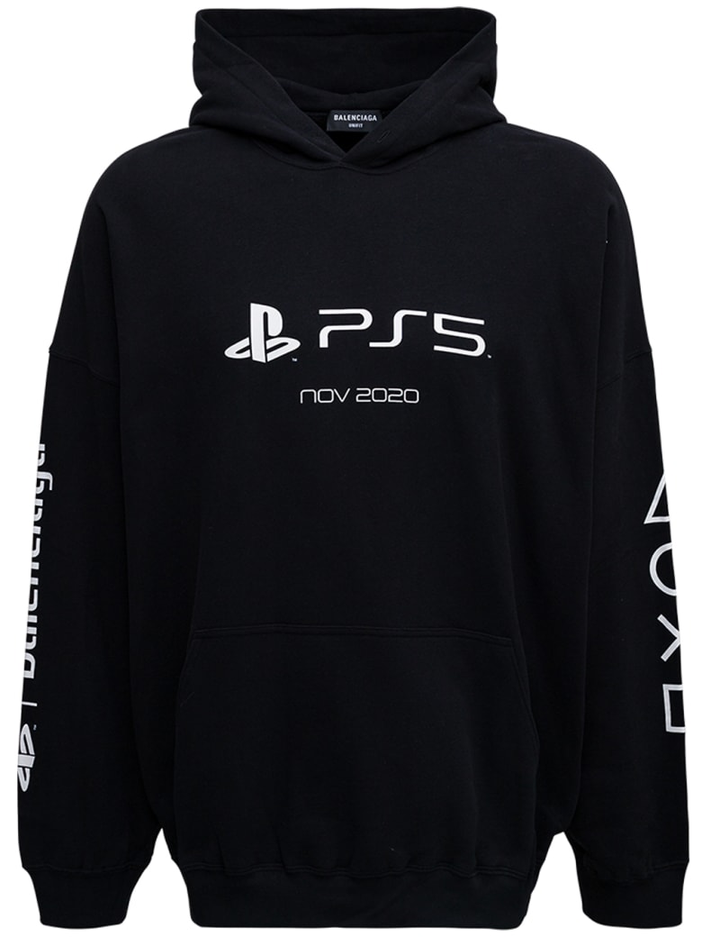Balenciaga Black Cotton Hoodie With Boxy Print - Black