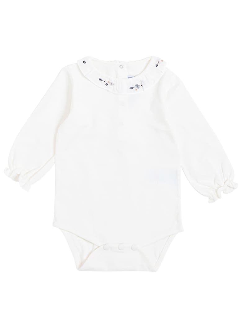 Tartine et Chocolat White Cotton Onesie With Embroidered Collar - Blu