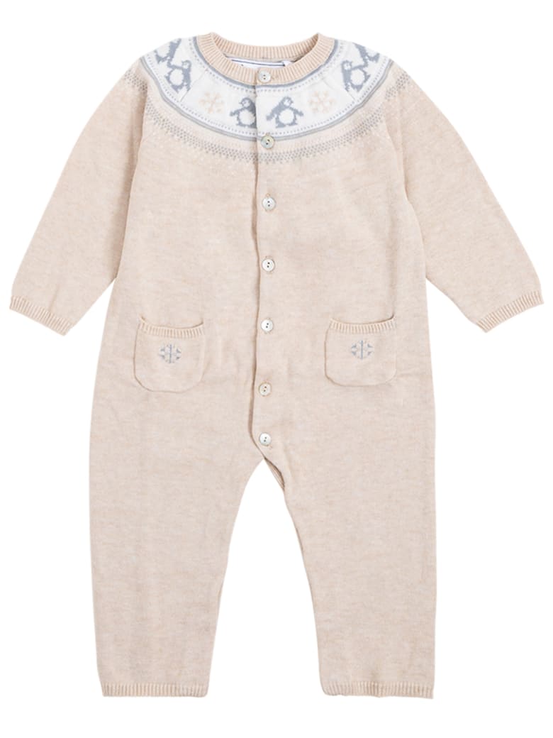 Tartine et Chocolat Beige Wool And Cotton Onesie With Winter Print - Grey