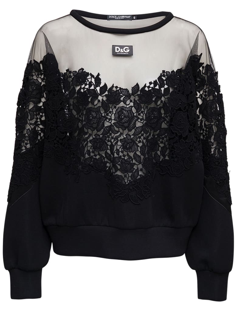 Dolce & Gabbana Jersey Sweatshirt With Tulle And Macramé Details - Black