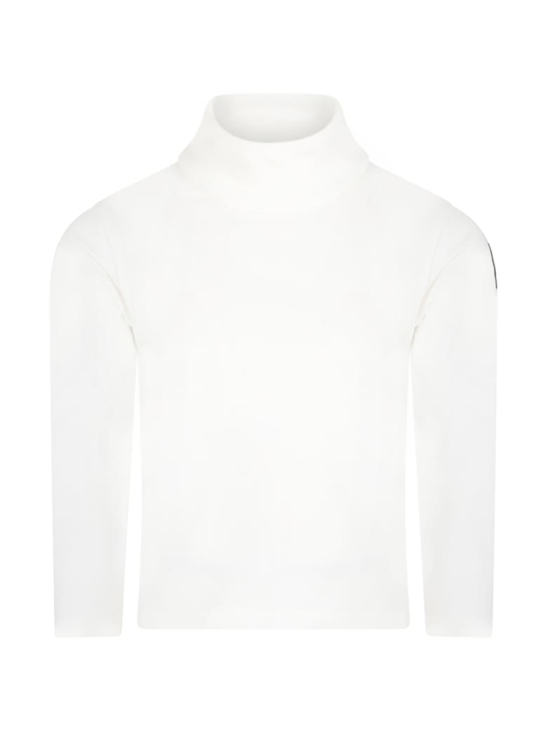Moncler White Turtleneck For Girl With Black Logo - Ivory
