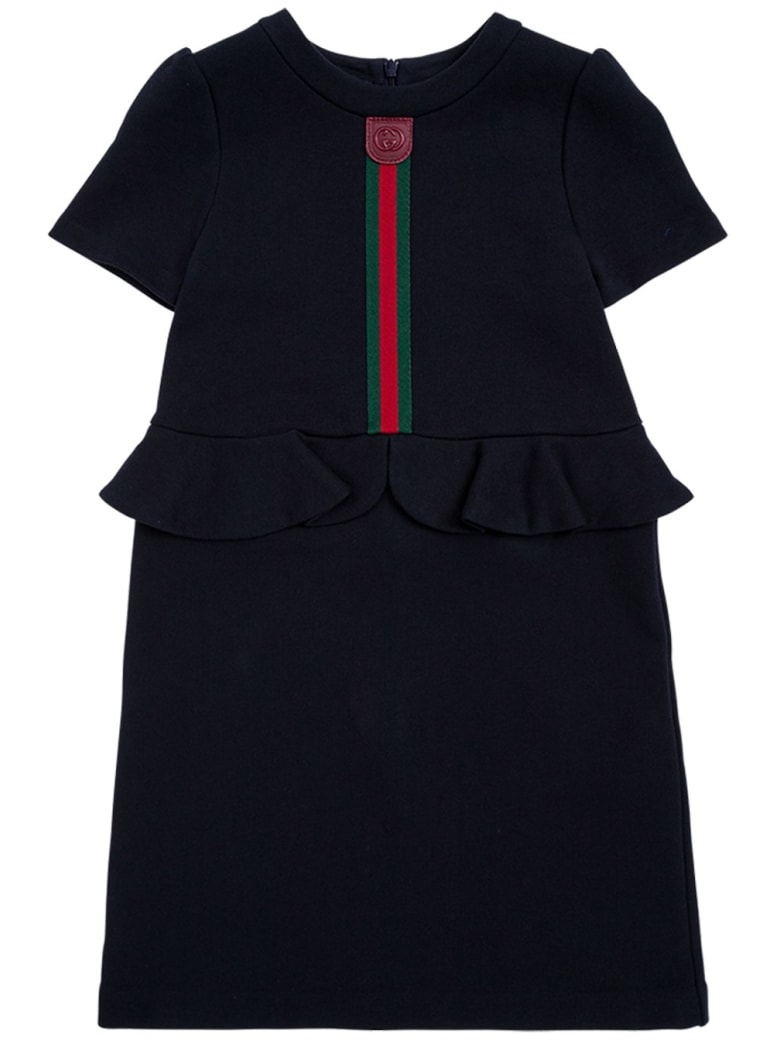 Gucci Blue Cotton Dress With Web Detail And Ruffles - Blu