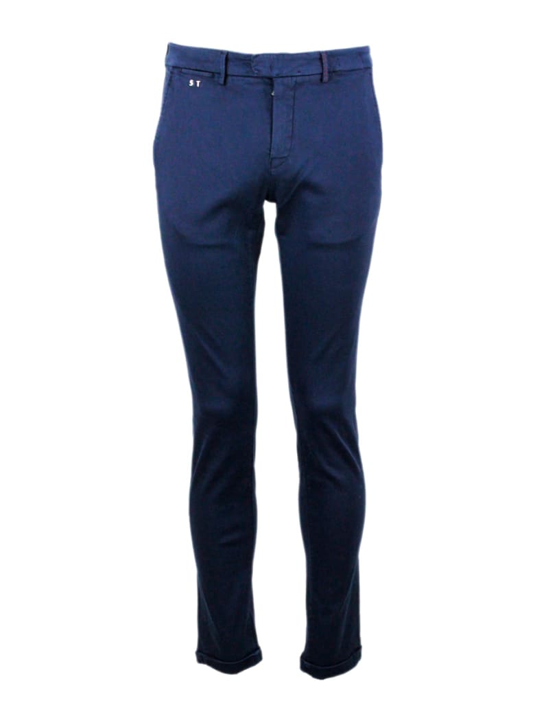 Sartoria Tramarossa Luis Slim Trousers In Stretch Cotton Gabardine With America Pockets With Sartorial Stitching - Blu