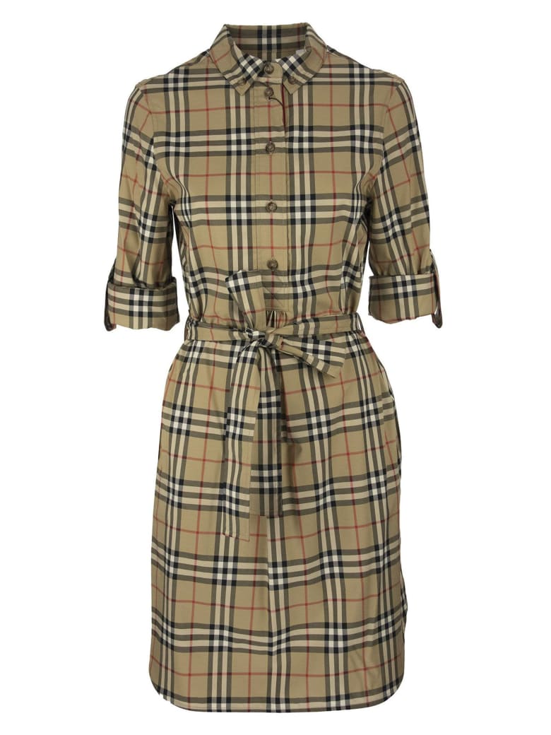 Burberry Giovanna - Stretch Cotton Chemise Dress With Vintage Check Pattern And Belt - Archive Beige