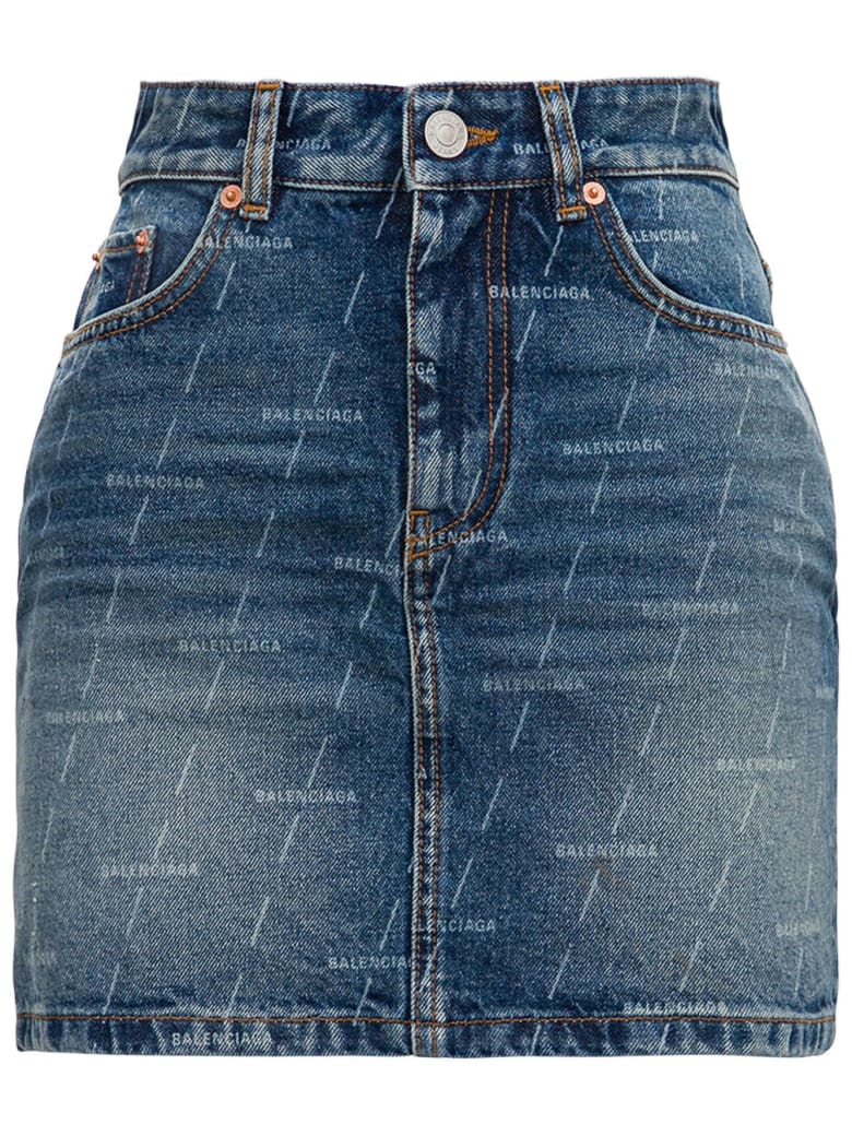 Balenciaga Denim Skirt With Allover Logo - Blu