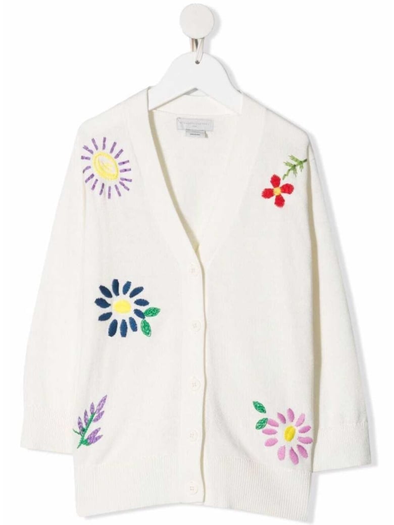 Stella McCartney Kids Cotton And Wool Cardigan With Floral Embroidery - White