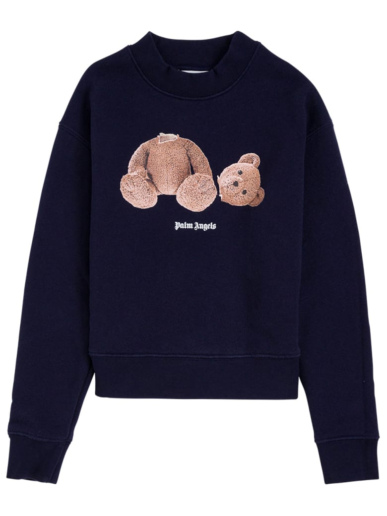 Palm Angels Blue Cotton Crew Neck Sweatshirt With Teddy Bear Print - Blu