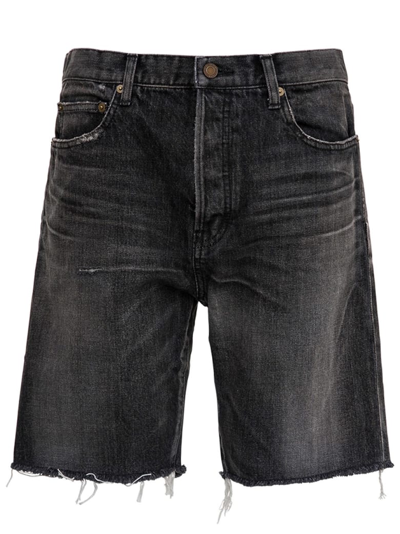 Saint Laurent Black Denim Fringed Bermuda Shorts - Black