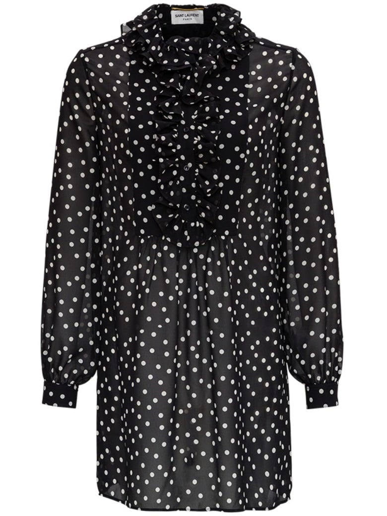 Saint Laurent Dotted Print See-through Blouse - Black