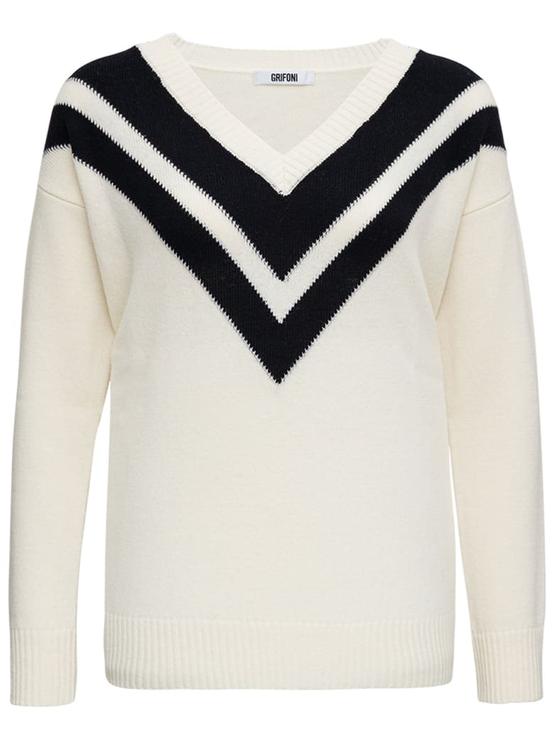 Mauro Grifoni Bicolor Wool V-neck Sweater - White