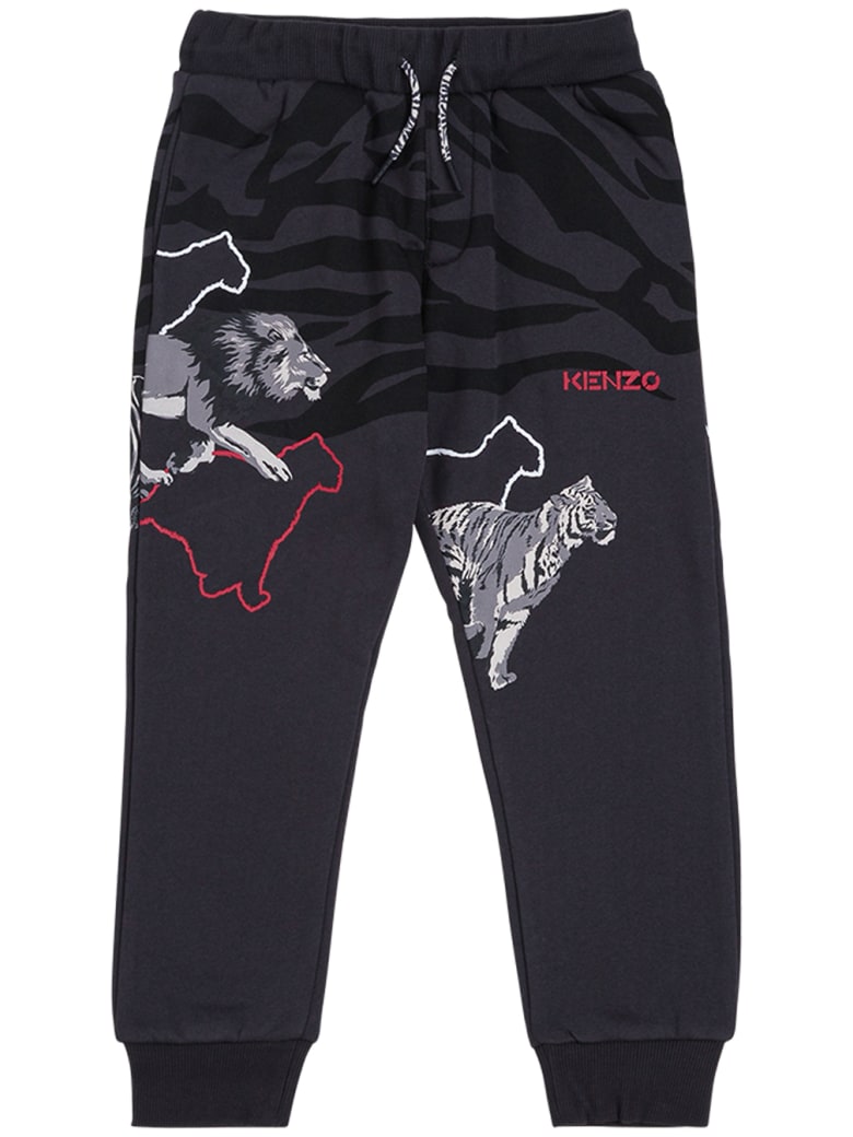 Kenzo Kids Grey Cotton Joggers With Print - Grey