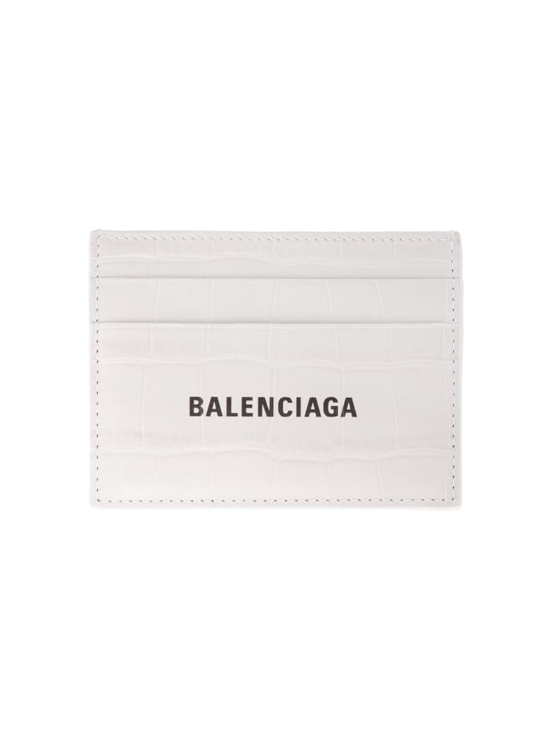 Balenciaga Man Crocodile Embossed White Leather Card Holder With Contrast Logo - White/black