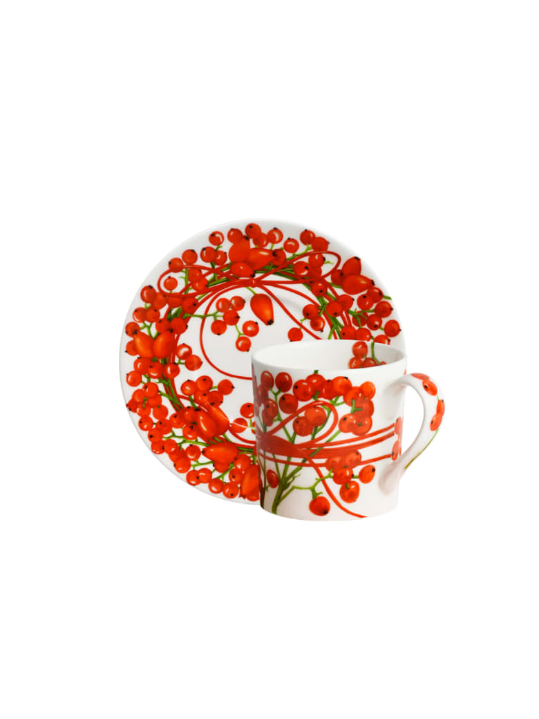 Taitù Set of 2 Espresso Cups & Saucers - Fil Rouge Bacche Collection - Red