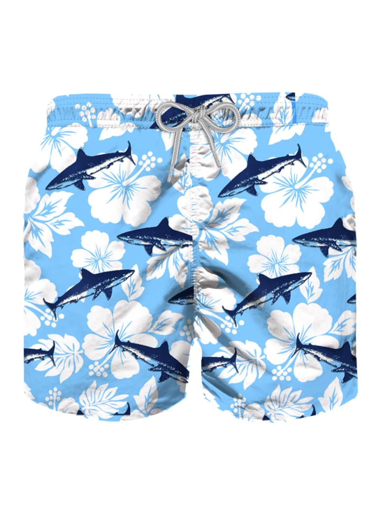MC2 Saint Barth Velvet Blue Sharks All Over Print Boy's Light Swim Trunks