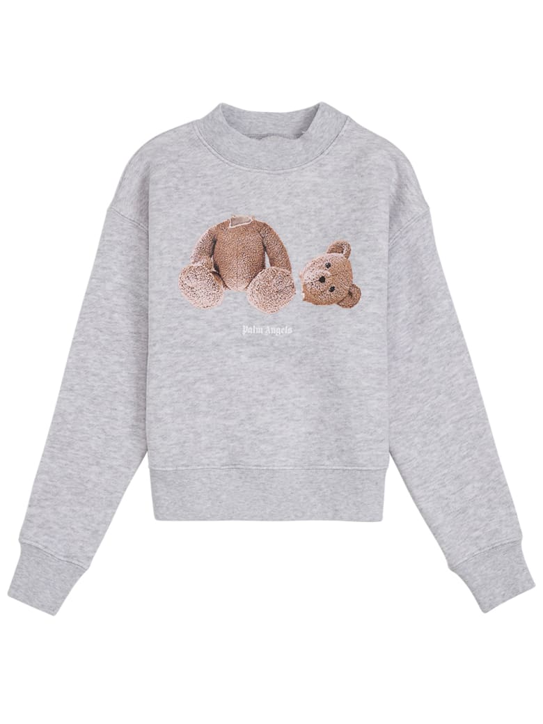 Palm Angels Grey Cotton Crew Neck Sweatshirt With Teddy Bear Print - Grey