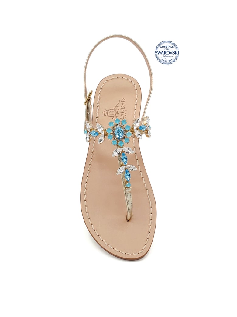 Dea Sandals Marina Grande Flip Flops Thong Sandals - gold, crystal, aquamarine, aquamarine blue opal