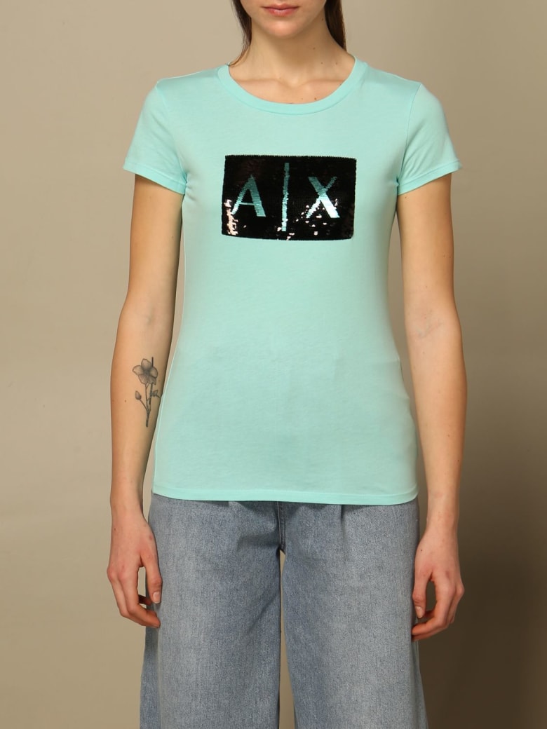 Armani Collezioni Armani Exchange T-shirt Half Sleeve Crewneck Sequin Logo Writing - Water