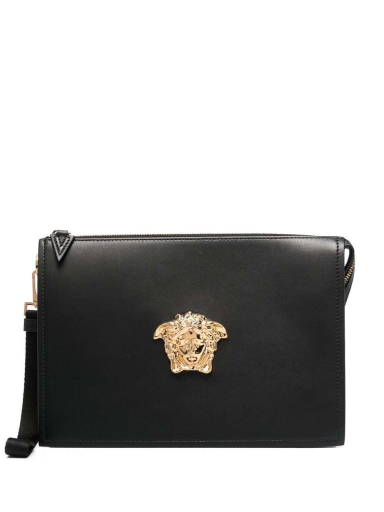 Versace Black Leather Handbag With Golden Metal Medusa Detail - Black