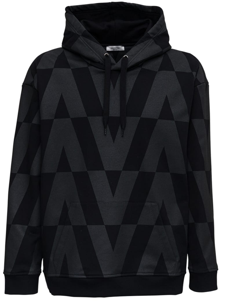 Valentino Black Cotton Hoodie With Macro Optical Print - Black
