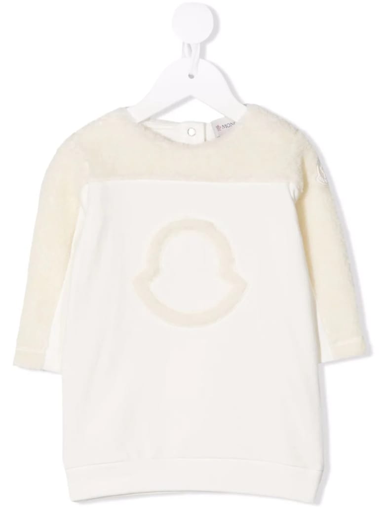 Moncler Kids White Dress With Logo And Faux Shearling - White