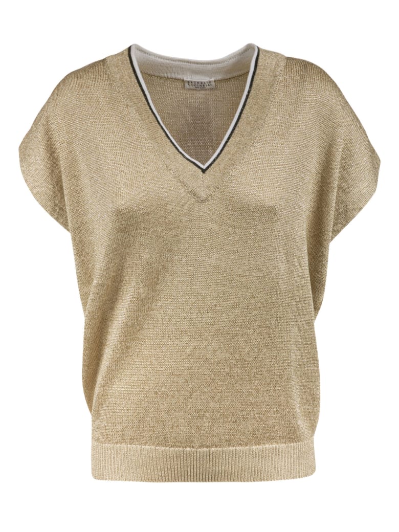Brunello Cucinelli V-neck Capped Sleeve Top - Beige