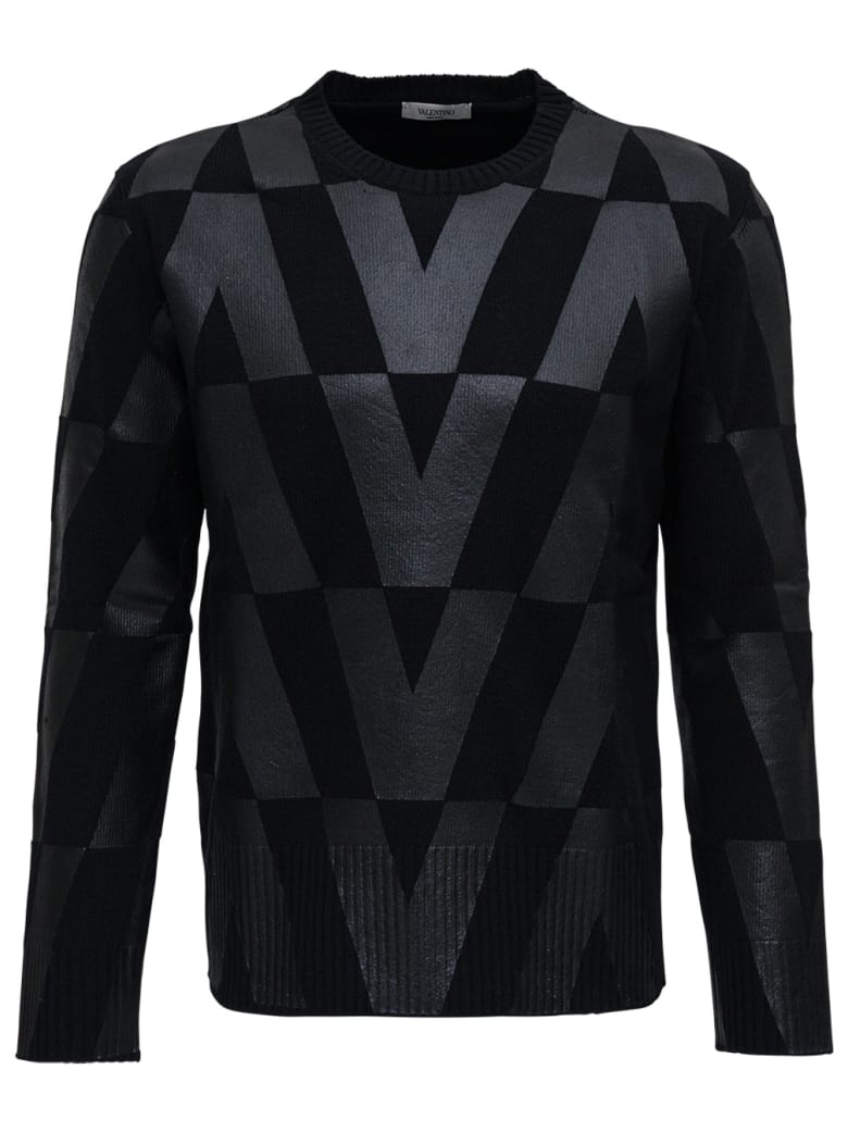 Valentino Black Wool Crew Neck Sweater With Macro Optical Print - Black